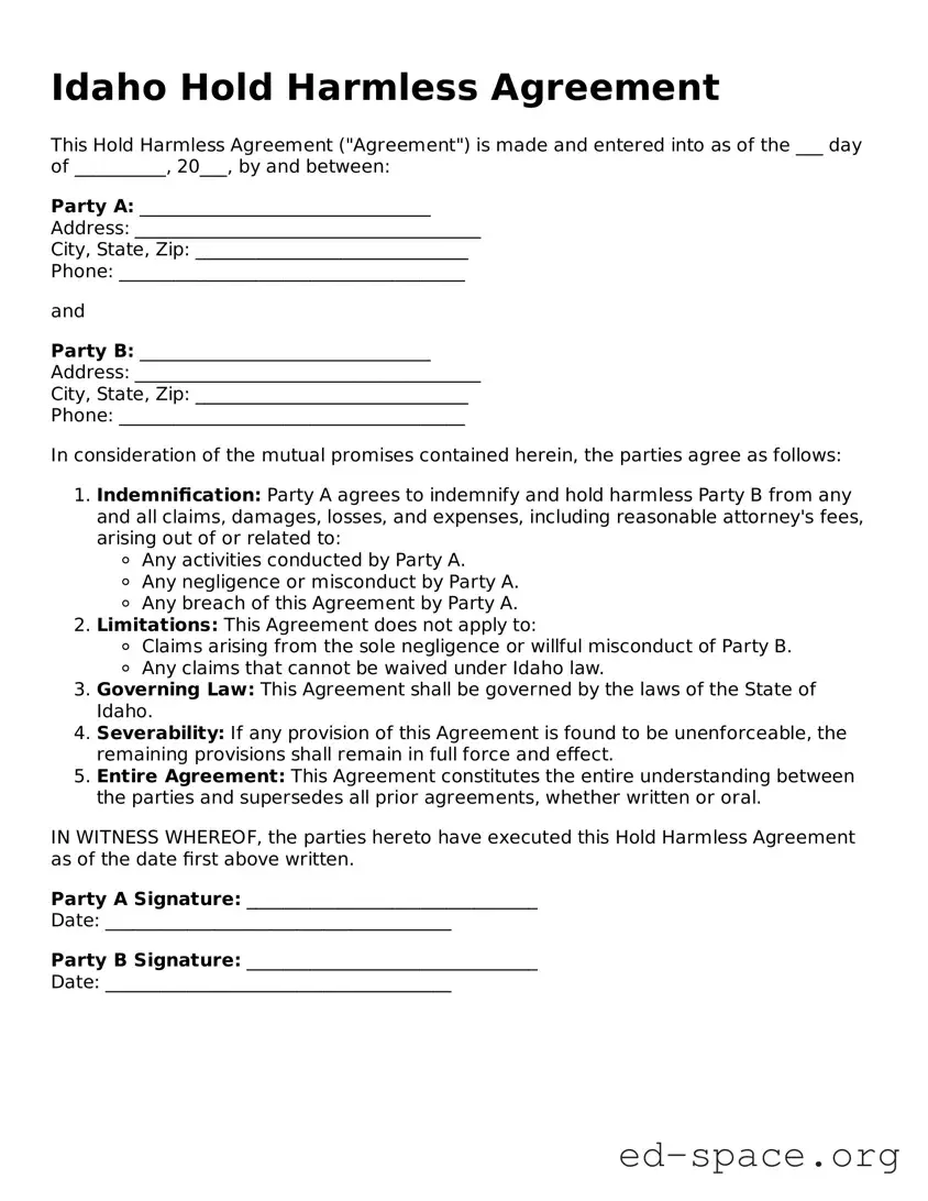Free  Hold Harmless Agreement Form for Idaho