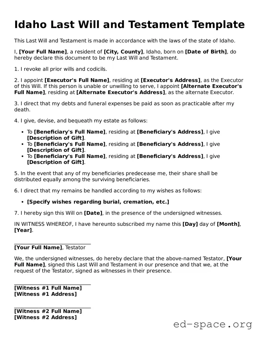 Free  Last Will and Testament Form for Idaho