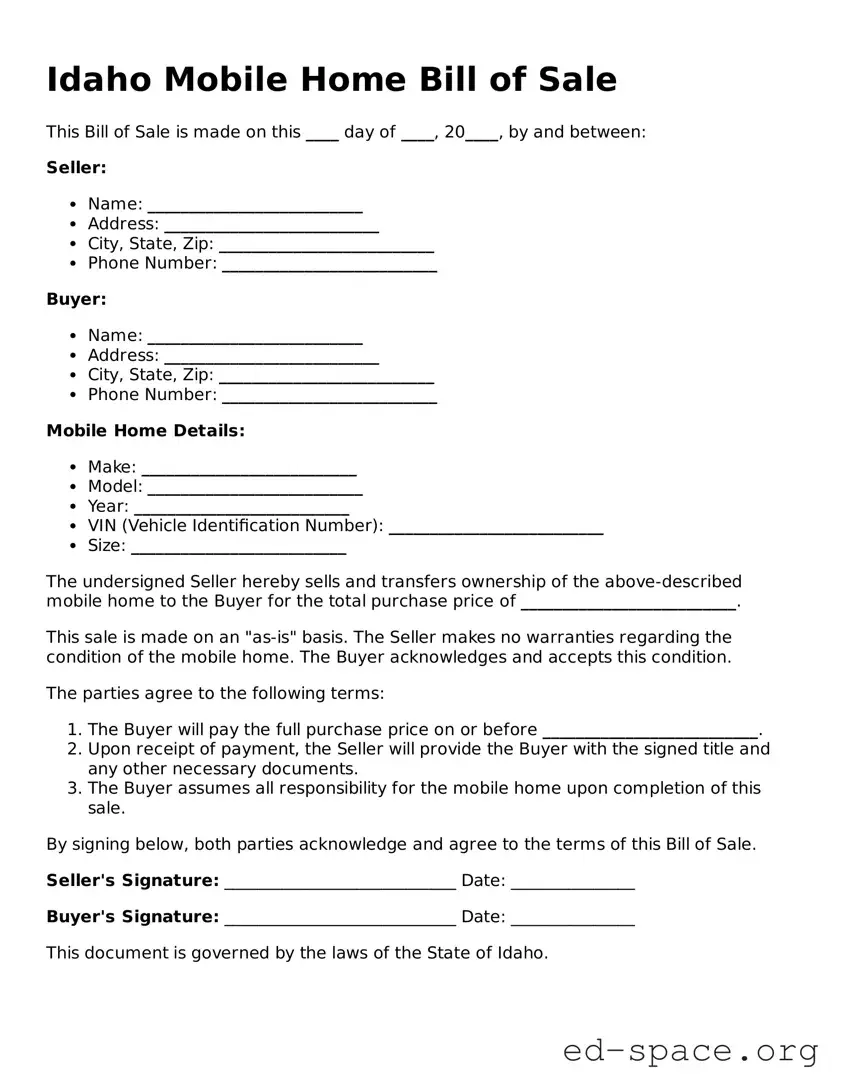 Free  Mobile Home Bill of Sale Form for Idaho