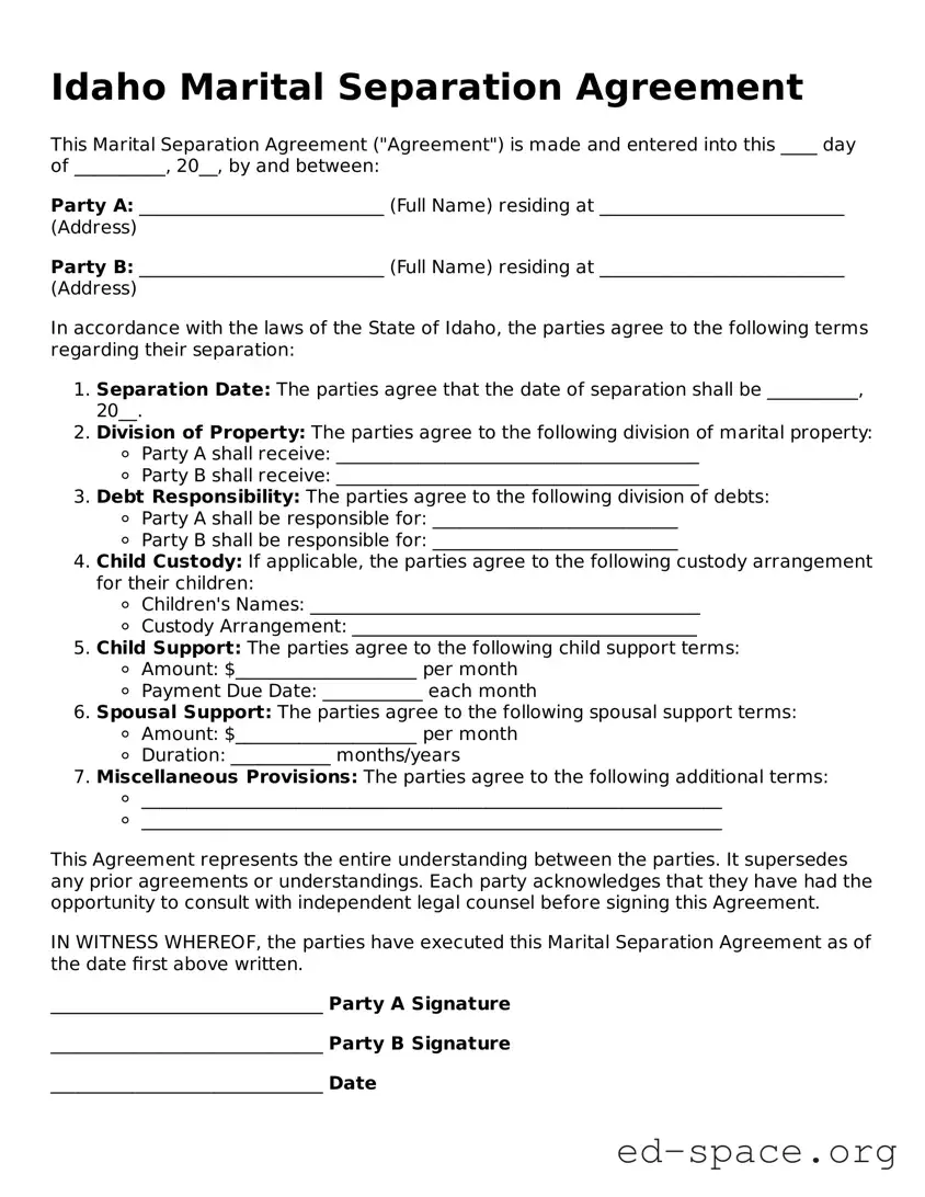 Free  Marital Separation Agreement Form for Idaho