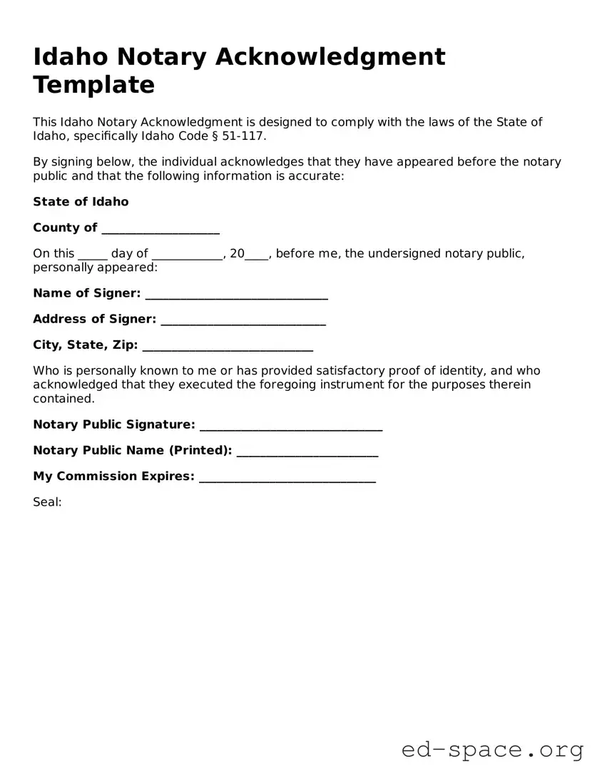 Free  Notary Acknowledgement Form for Idaho