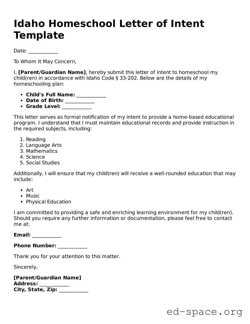 Free  Homeschool Letter of Intent Form for Idaho
