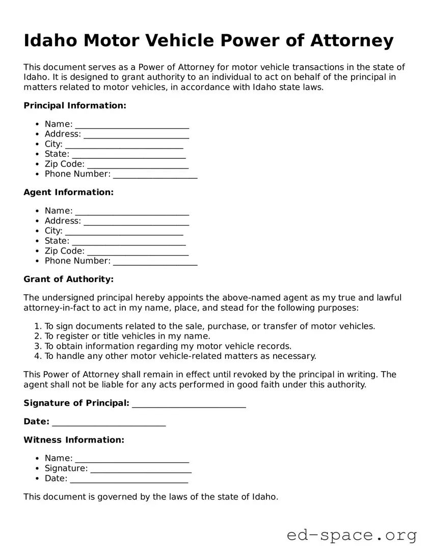 Free  Motor Vehicle Power of Attorney Form for Idaho