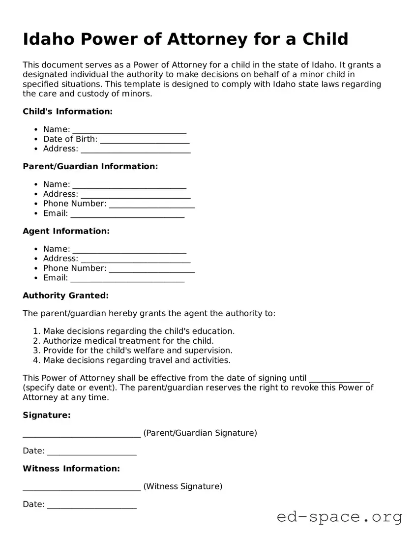 Free  Power of Attorney for a Child Form for Idaho