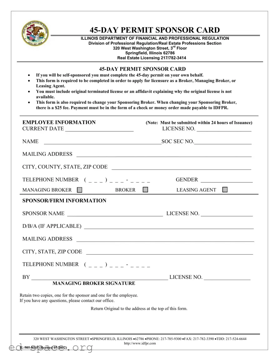Blank Illinois Permit Sponsor Card PDF Form
