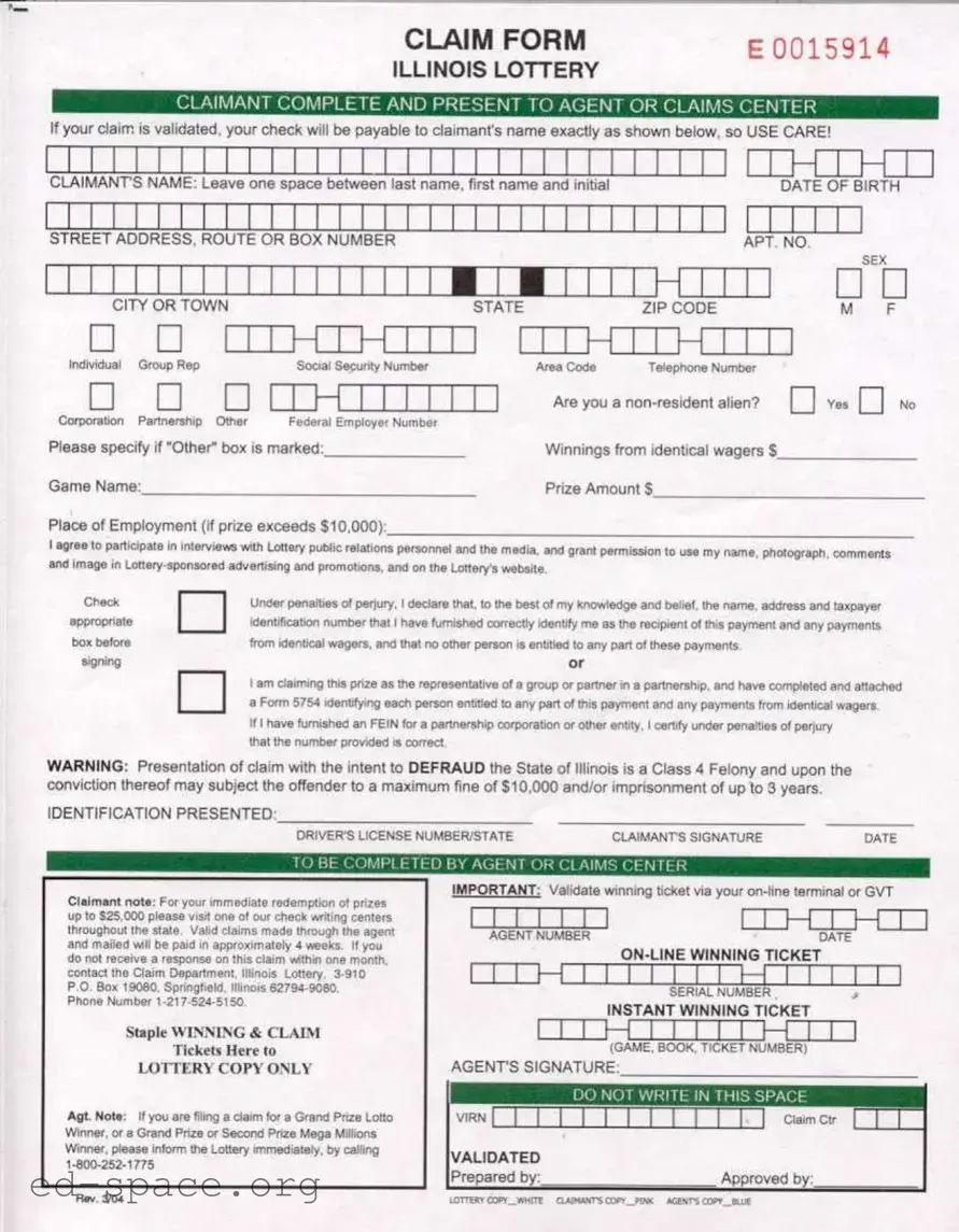 Blank Illinois Lottery Claim PDF Form