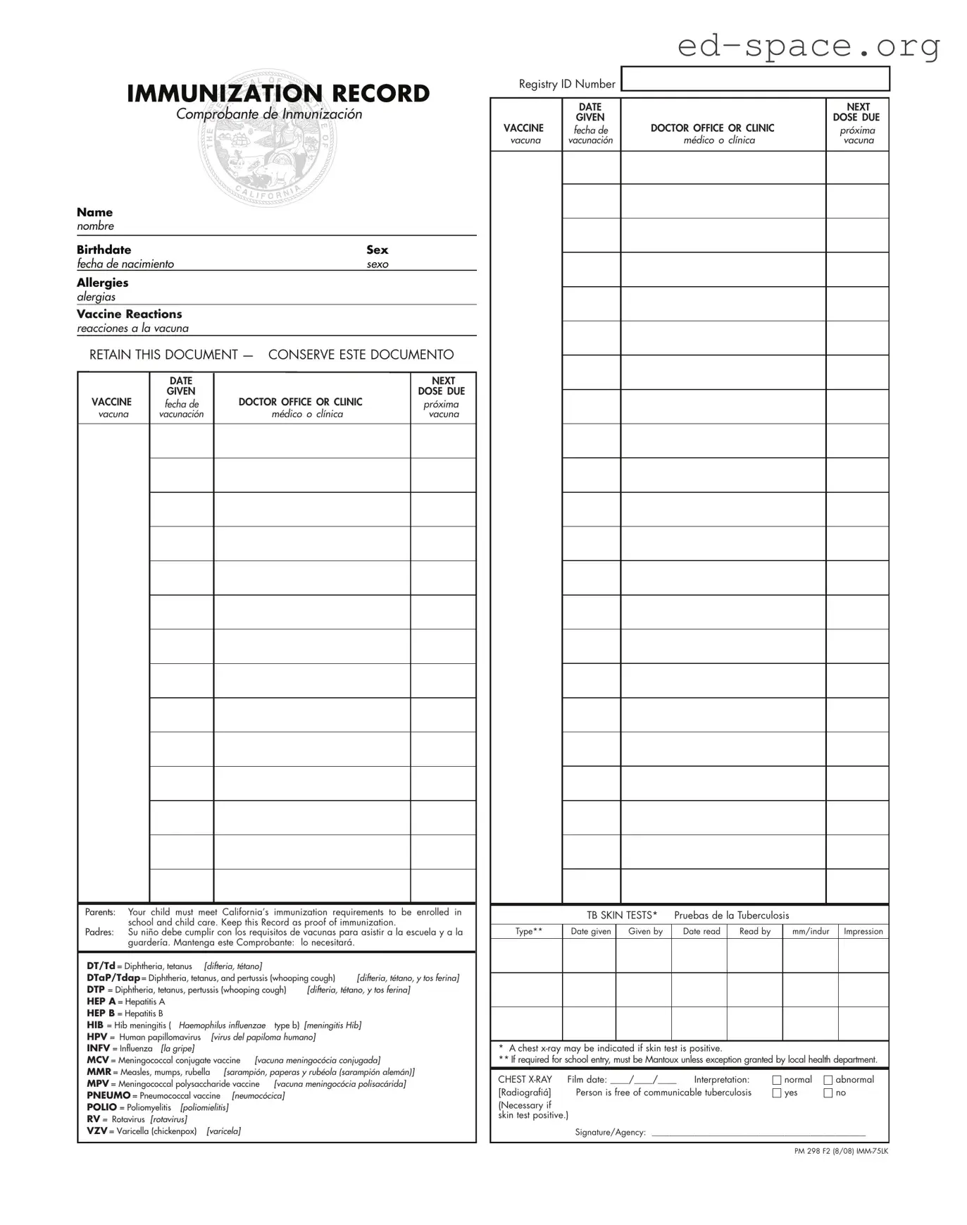 Blank Immunization Record PDF Form