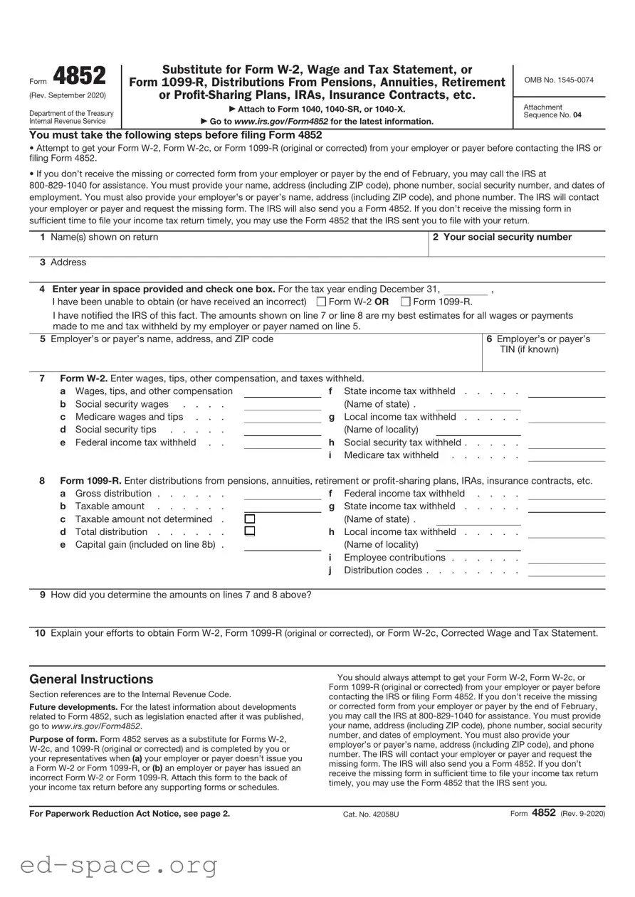 Blank IRS 4852 PDF Form