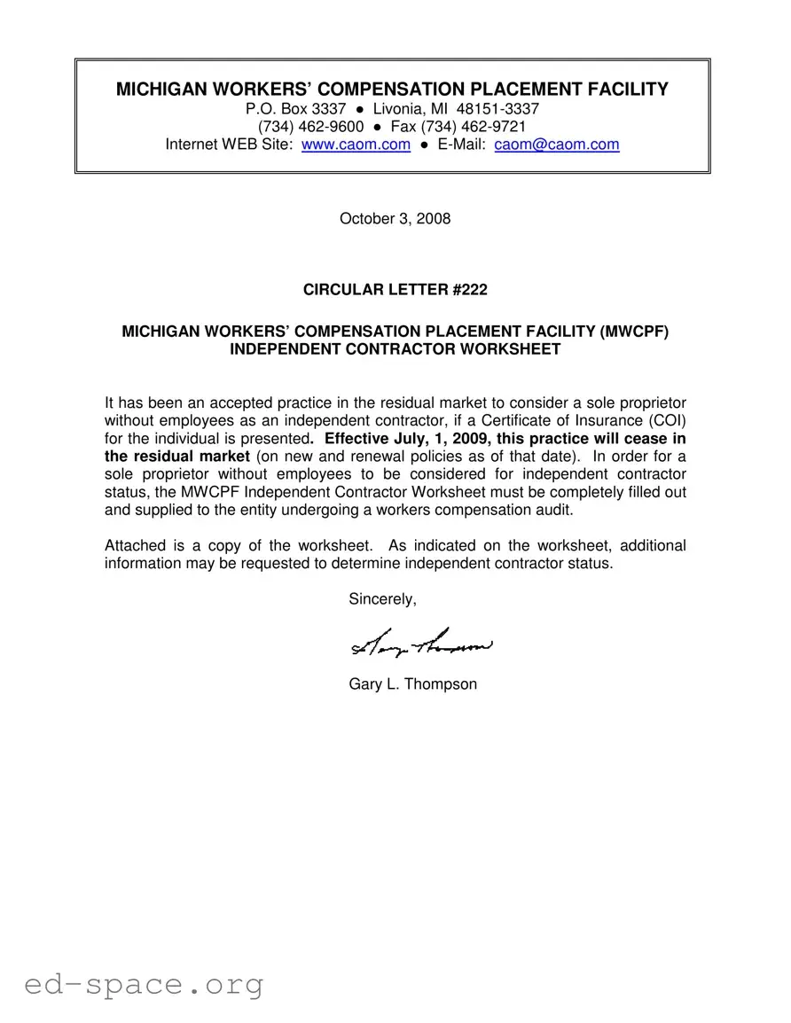Blank Michigan Workers Independent Contractor Worksheet PDF Form