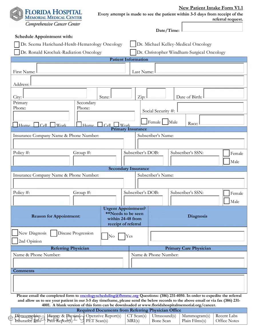Blank Florida Hospital PDF Form