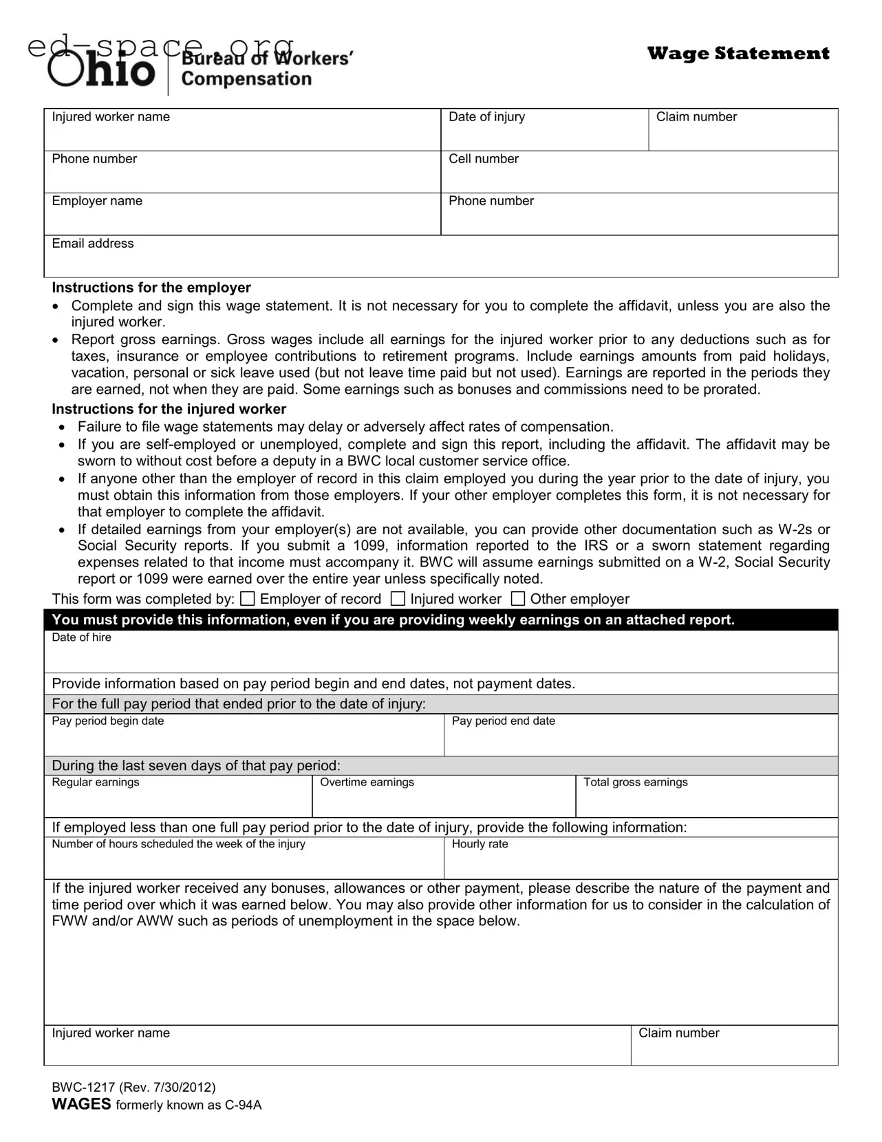 Blank Ohio Bwc 1217 PDF Form