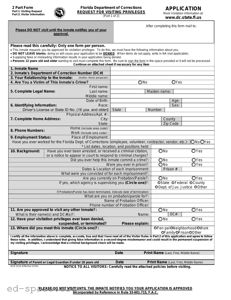 Blank Department Of Corrections Visitation Florida PDF Form