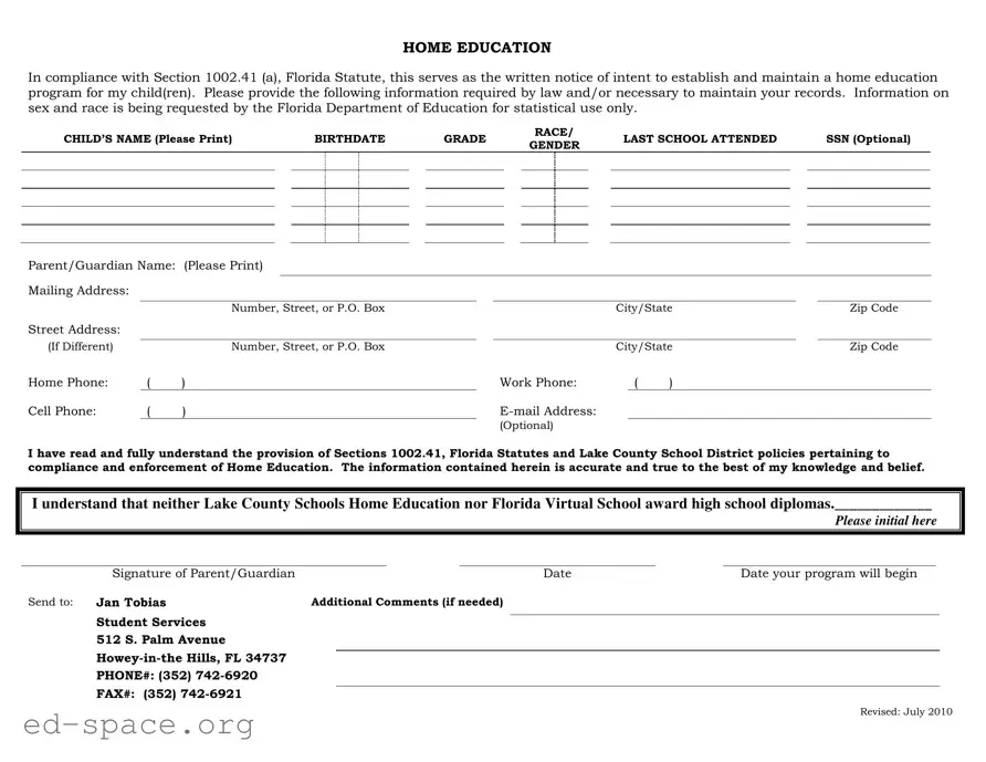 Blank Intent To Homeschool Florida PDF Form