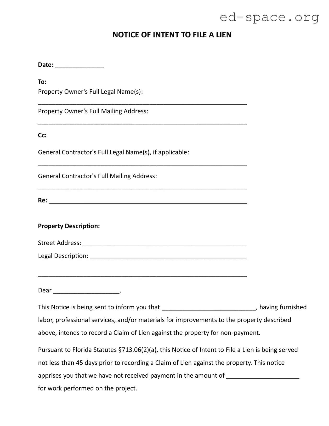 Blank Intent To Lien Florida PDF Form