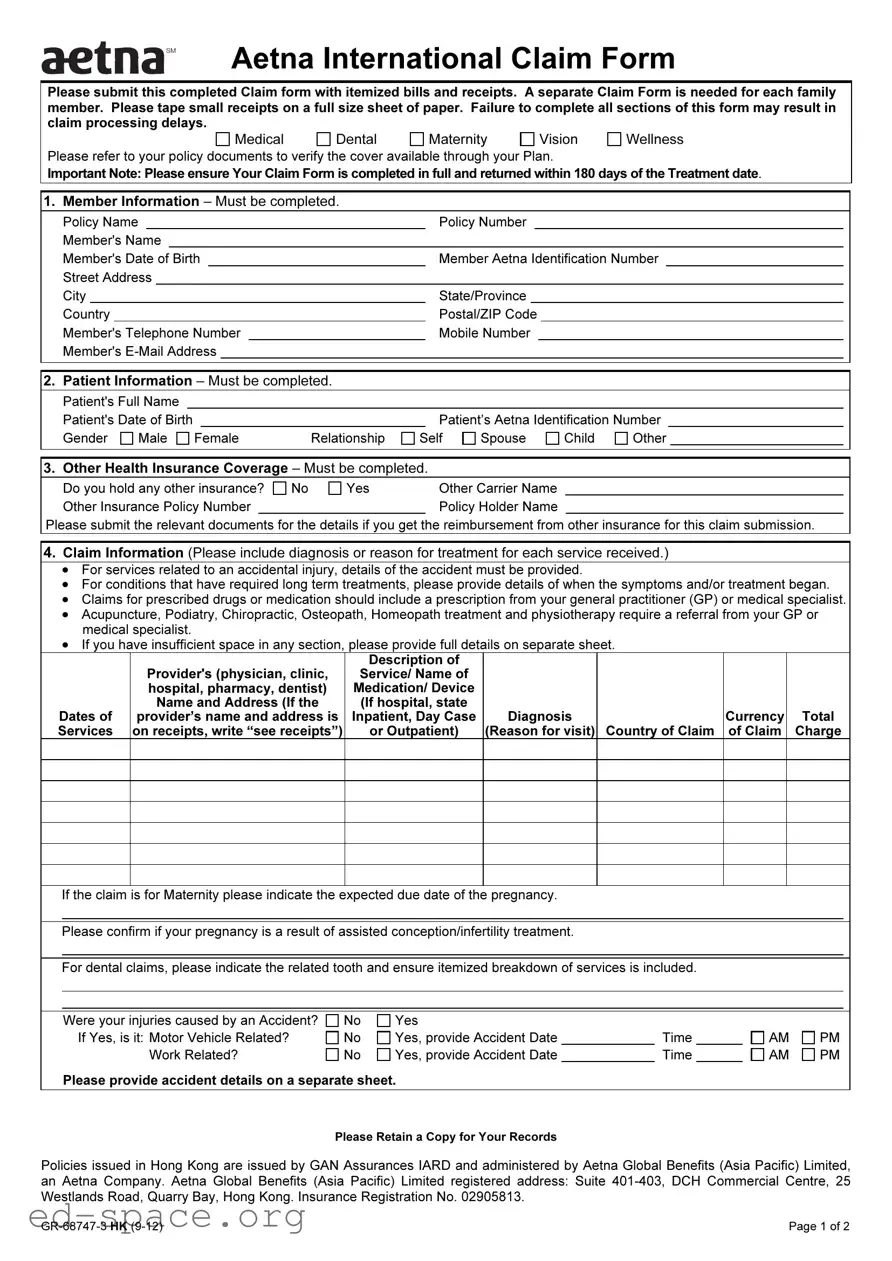 Blank Aetna International Claim PDF Form