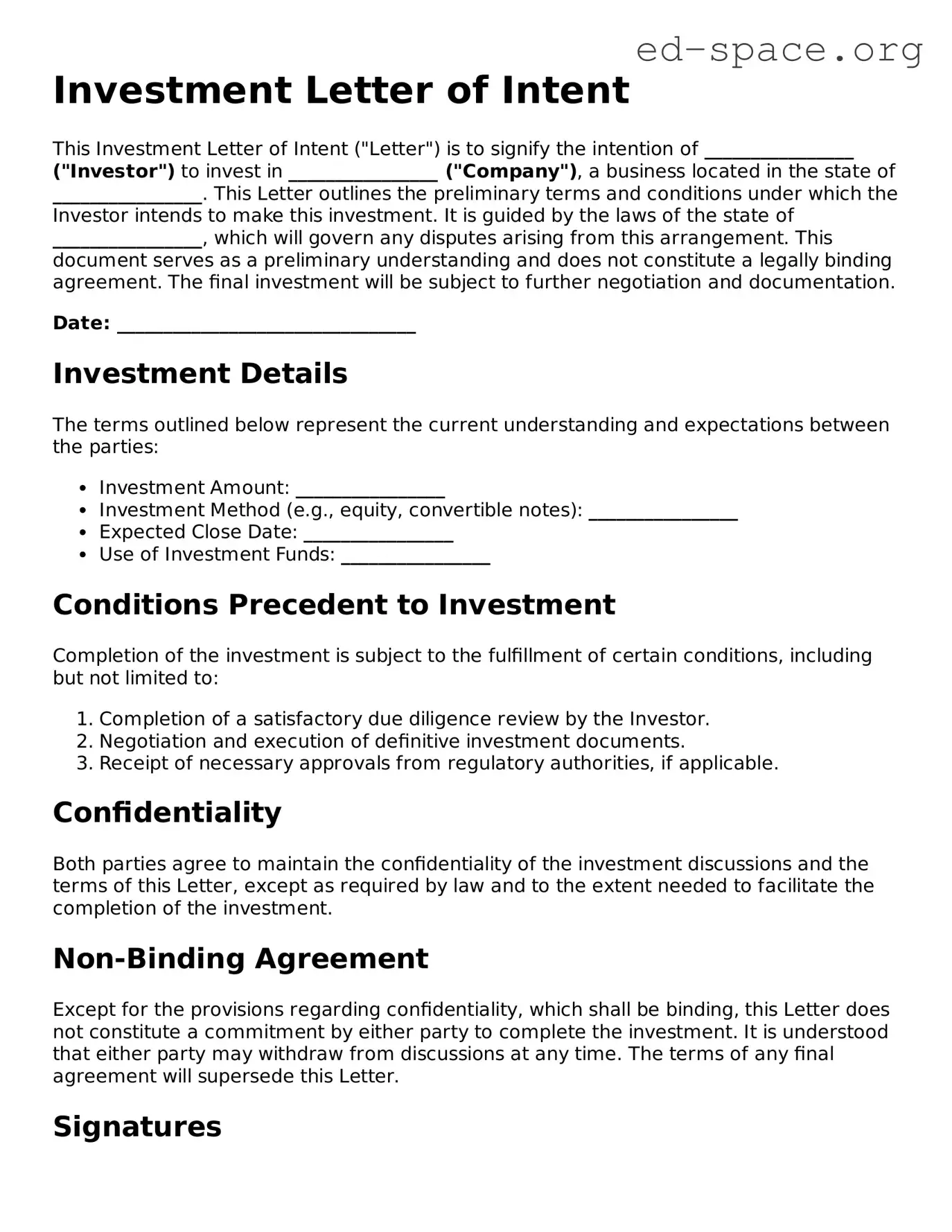 Fillable Investment Letter of Intent Template
