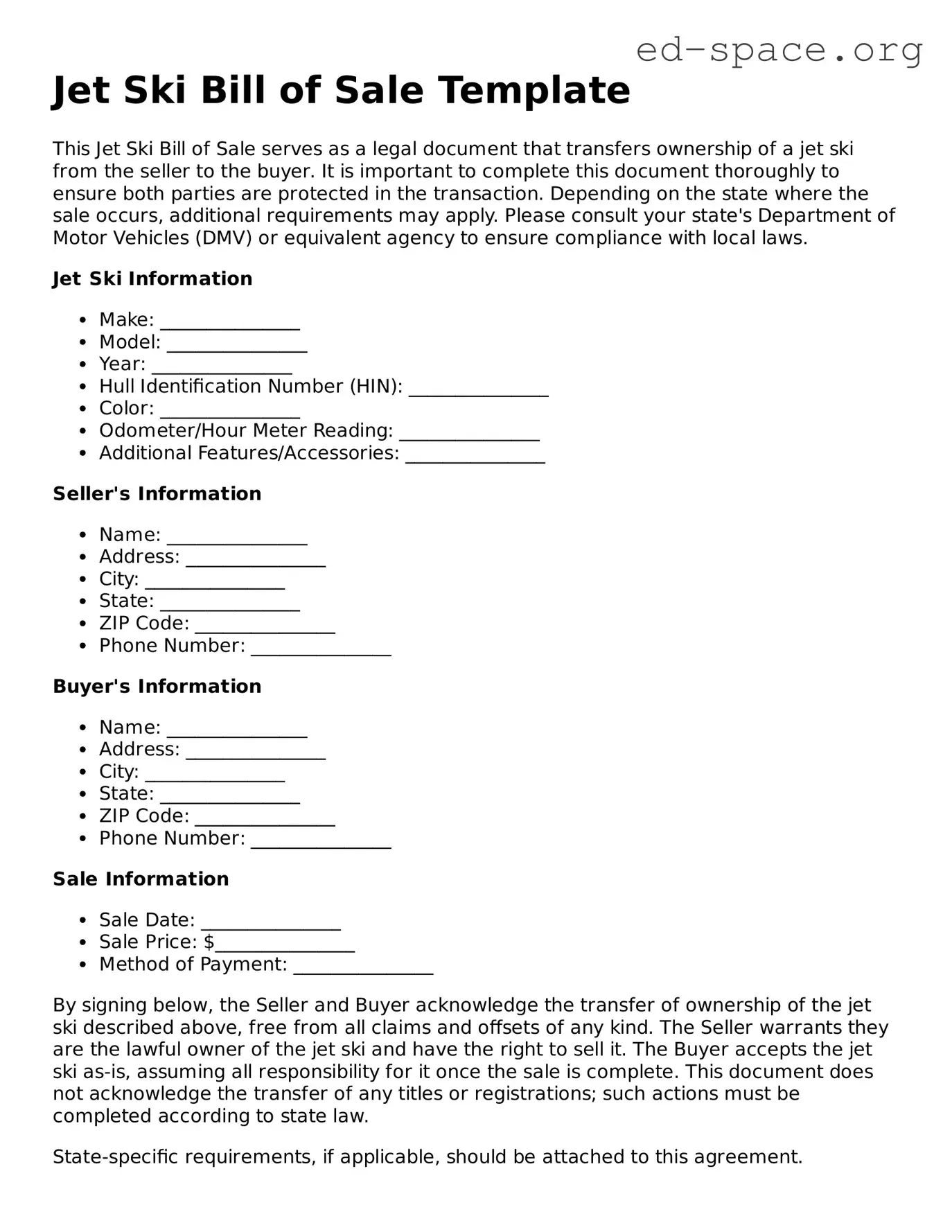 Fillable Jet Ski Bill of Sale Template