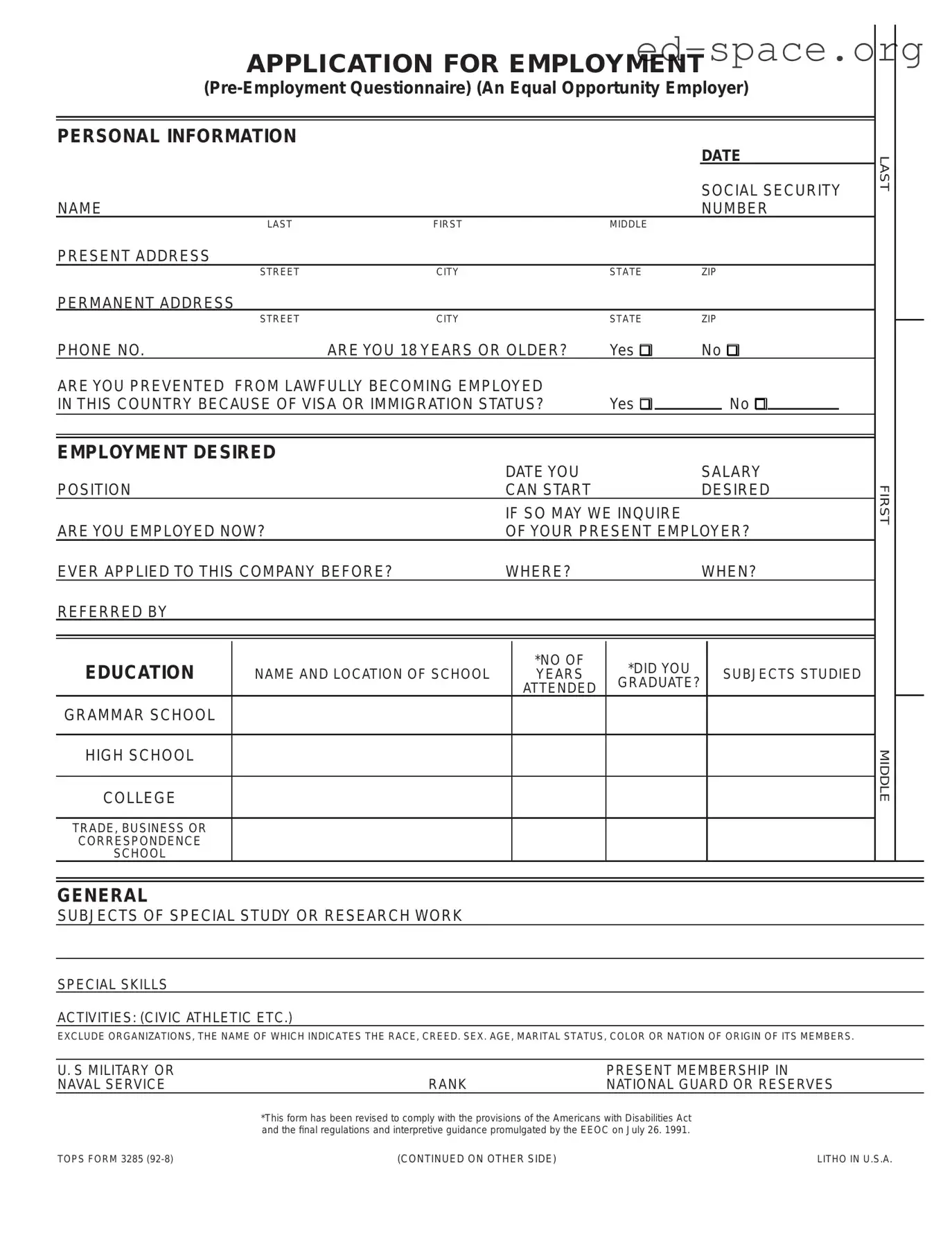 Blank Employment Application Pdf PDF Form