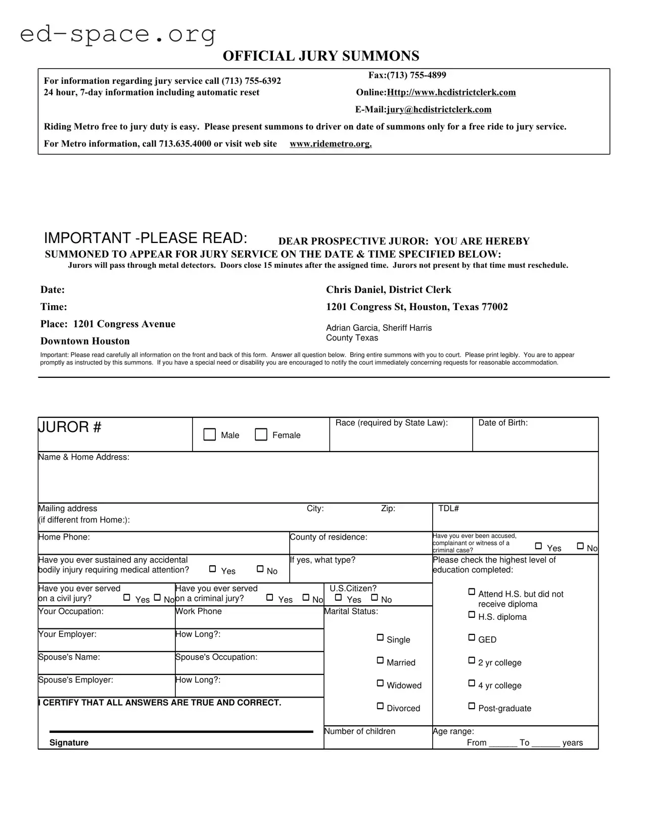 Blank Official Jury Summons PDF Form
