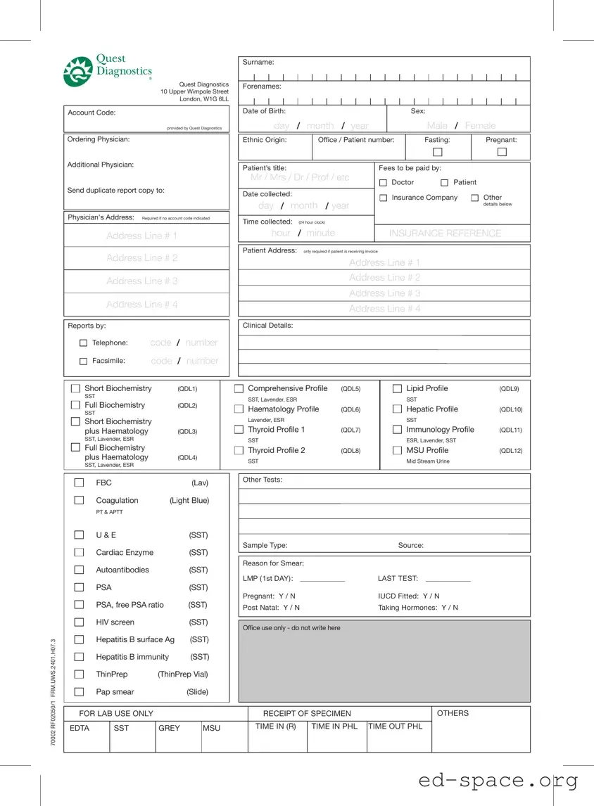 Blank Order Quest Diagnostics PDF Form