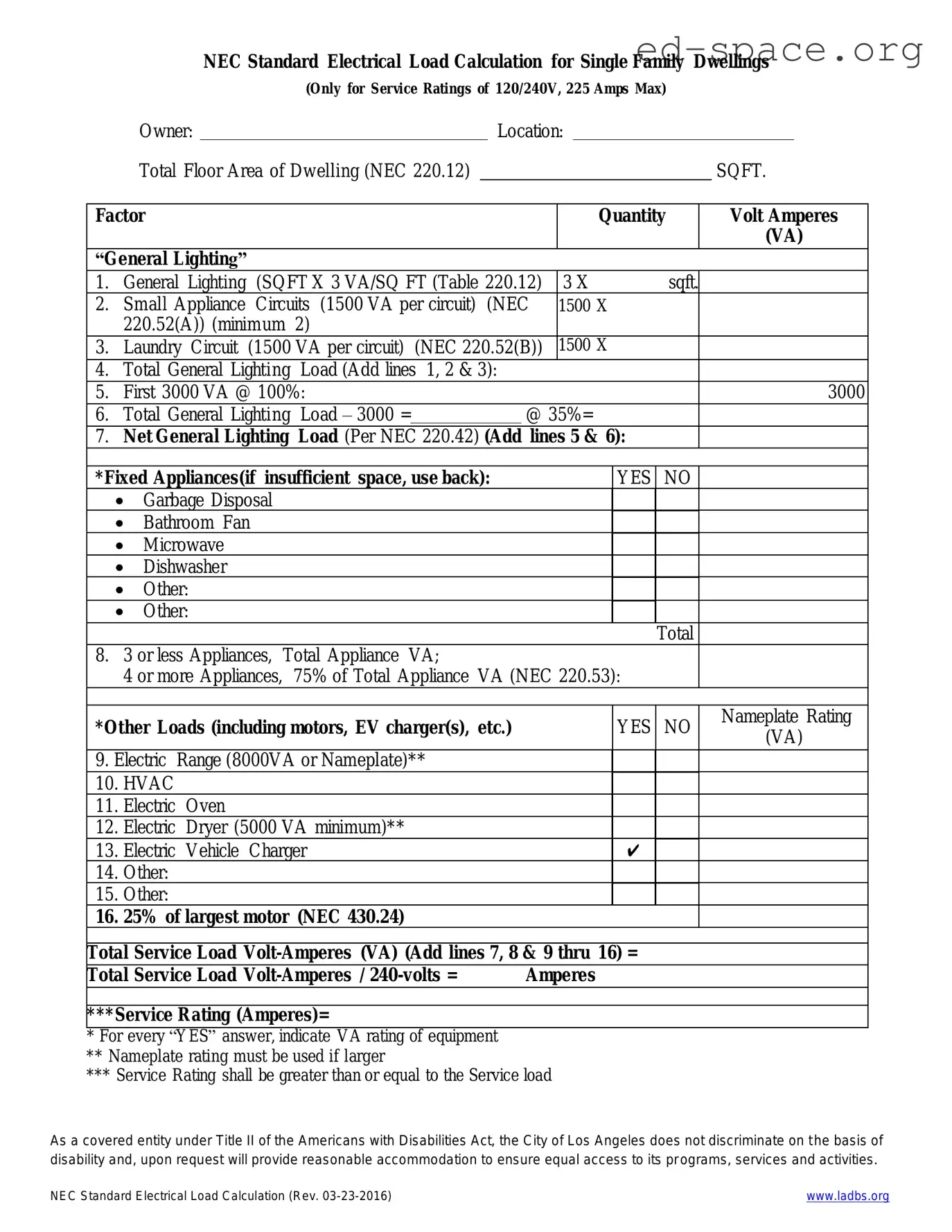 Blank LADBS NEC Standard Electrical Load Calculation PDF Form