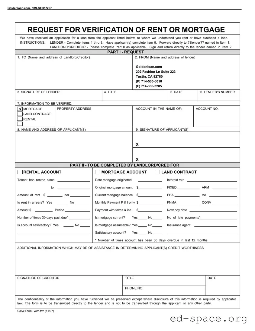 Blank Verification Rent Mortgage PDF Form