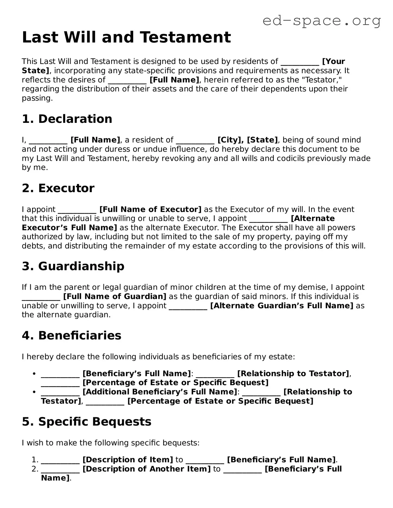 Fillable Last Will and Testament Template