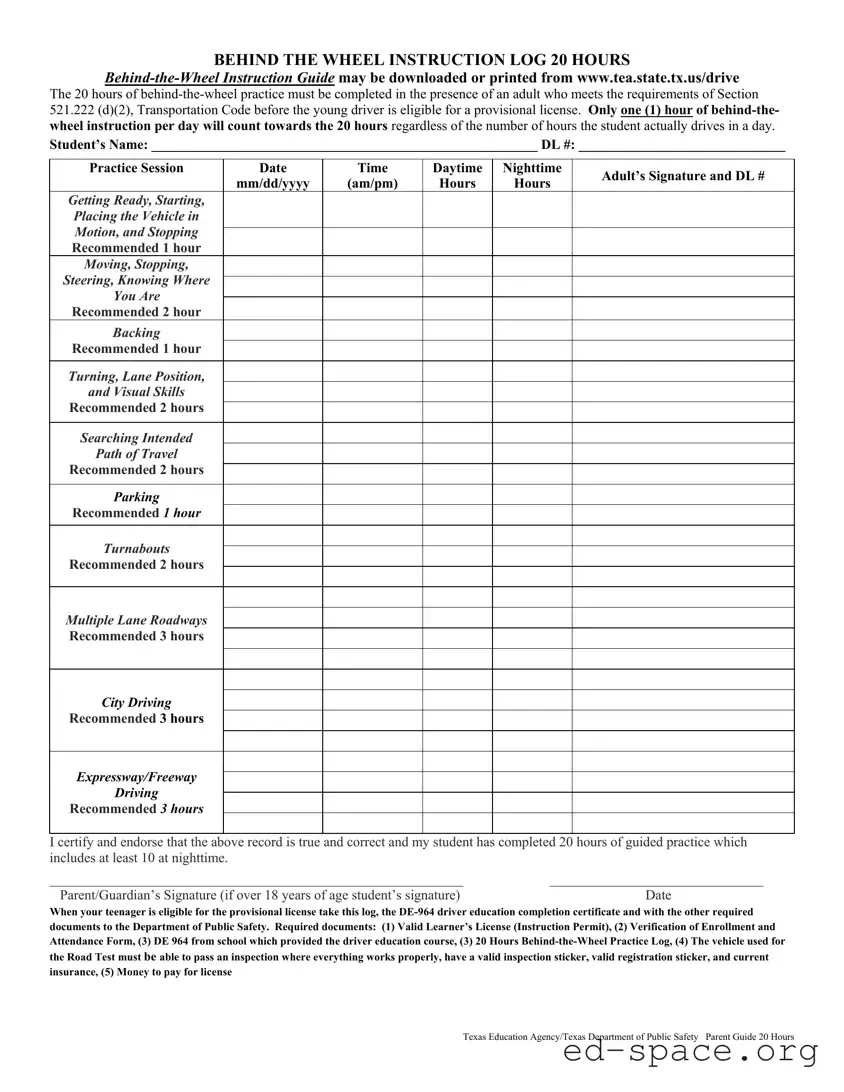 Blank Texas Dps Driving Log PDF Form