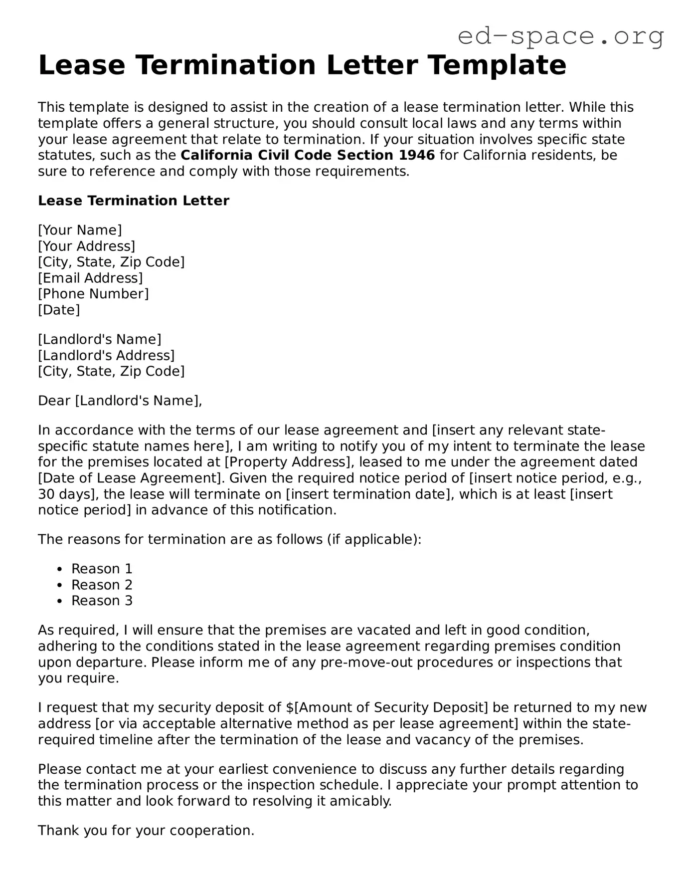 Fillable Lease Termination Letter Template