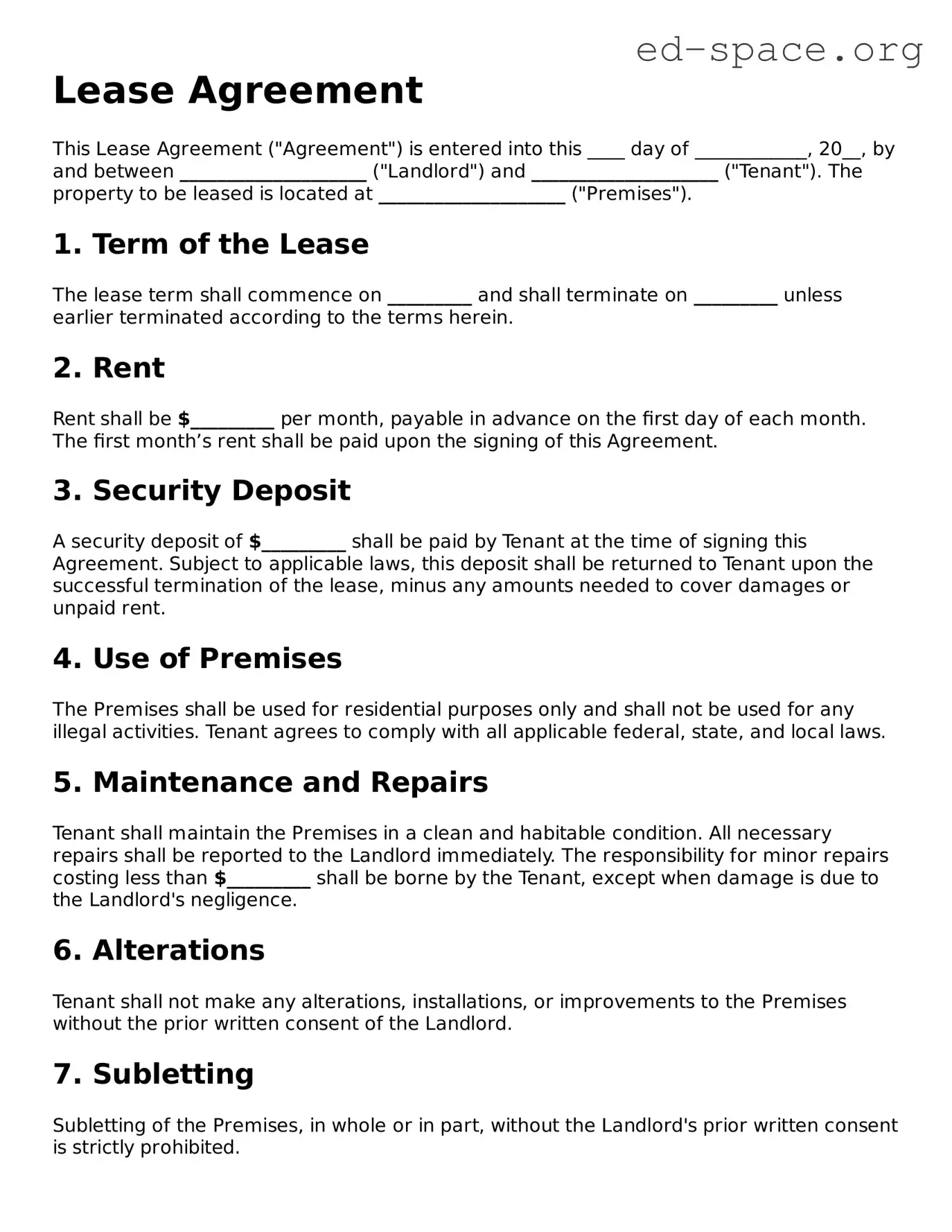 Fillable Lease Agreement Template