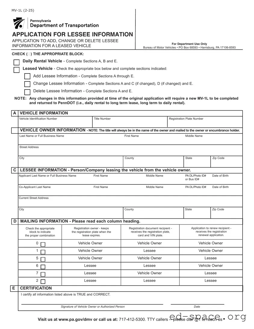 Blank Pennsylvania Mv 1L PDF Form
