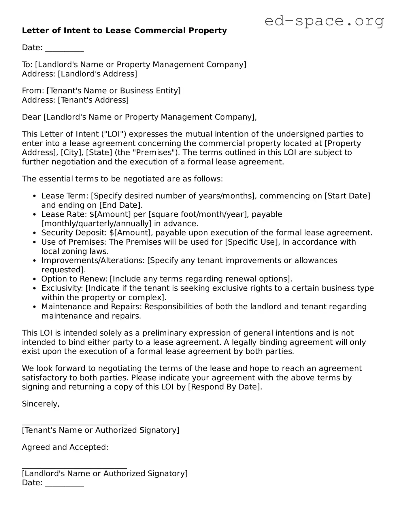 Fillable Letter of Intent to Lease Commercial Property Template