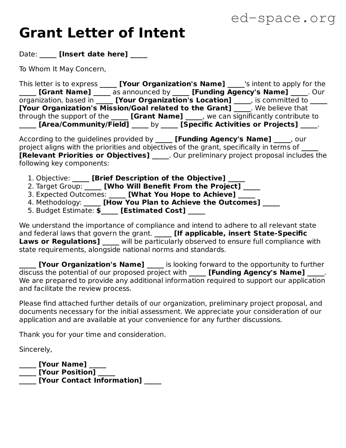 Fillable Grant Letter of Intent Template