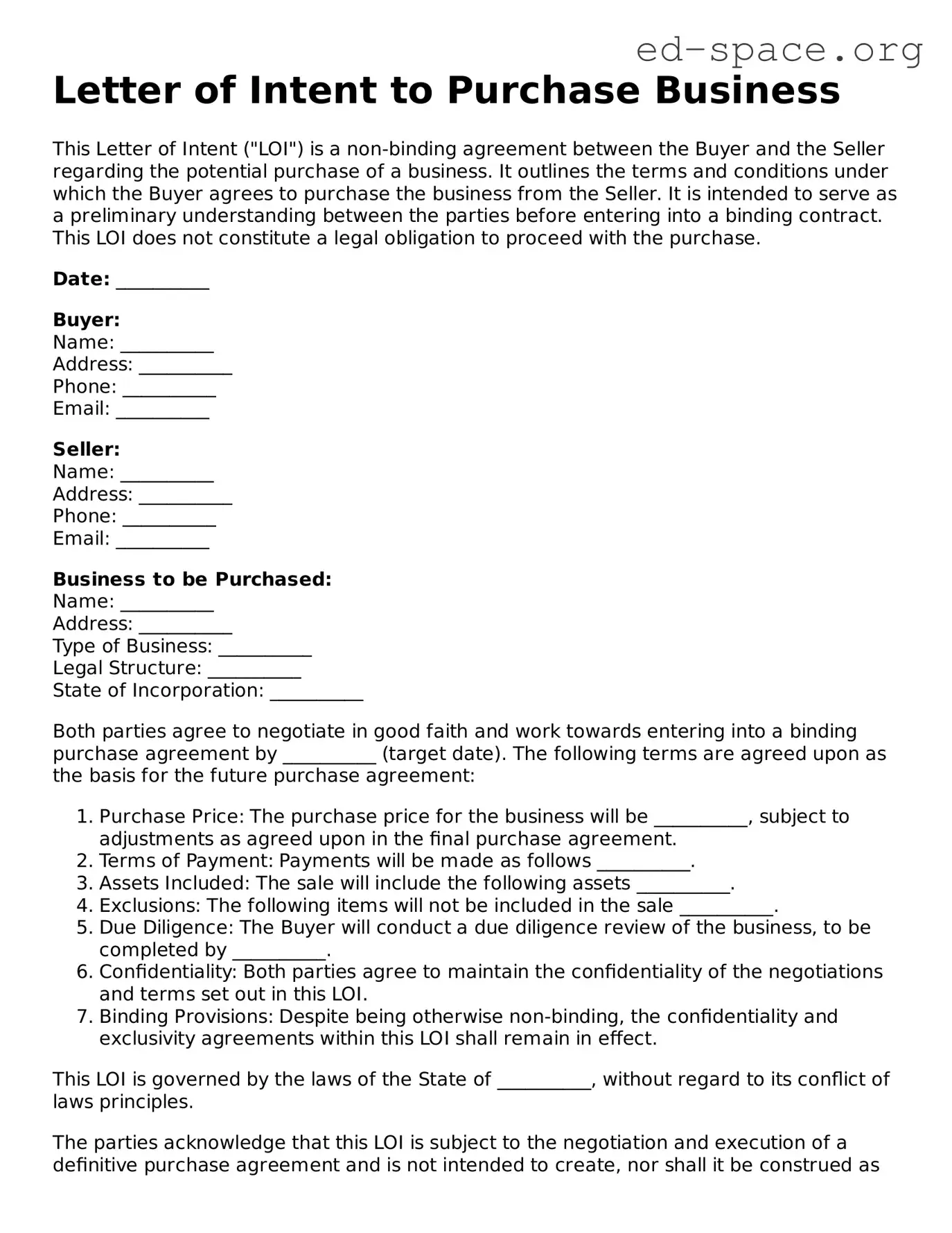 Fillable Letter of Intent to Purchase Business Template