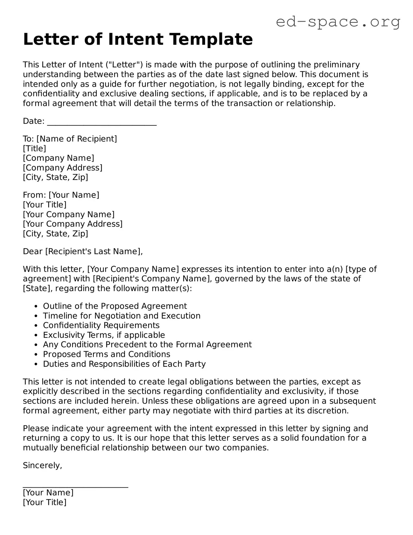 Fillable Letter of Intent Template