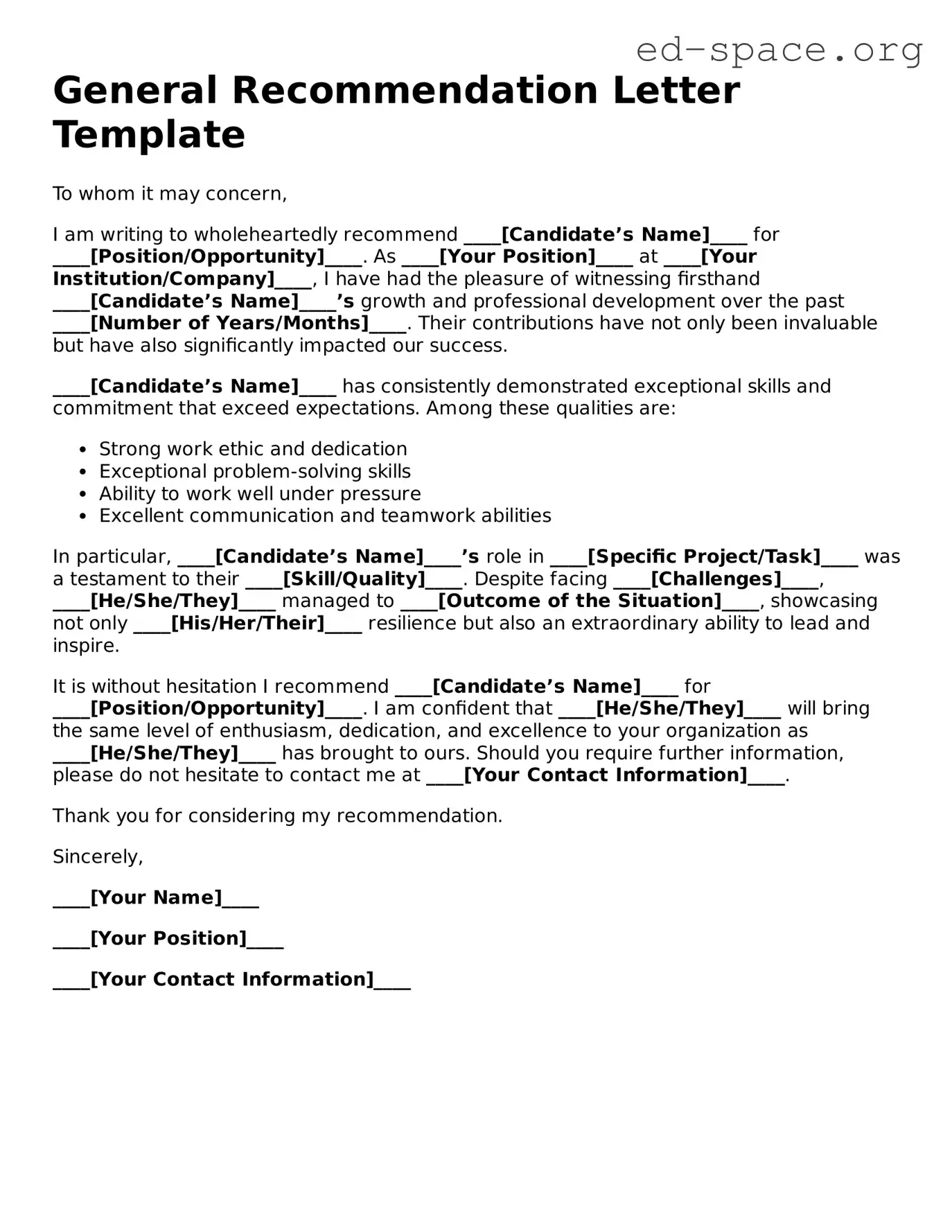 Fillable Recommendation Letter Template