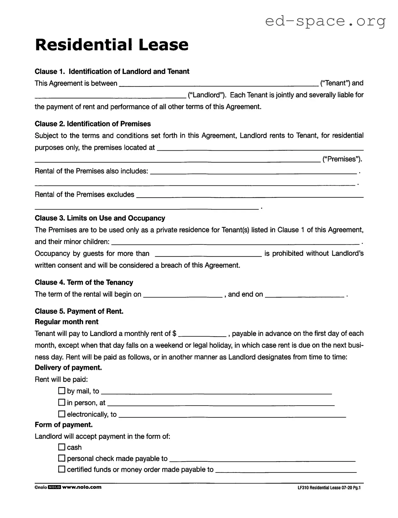 Blank Lf310 Residential Lease PDF Form