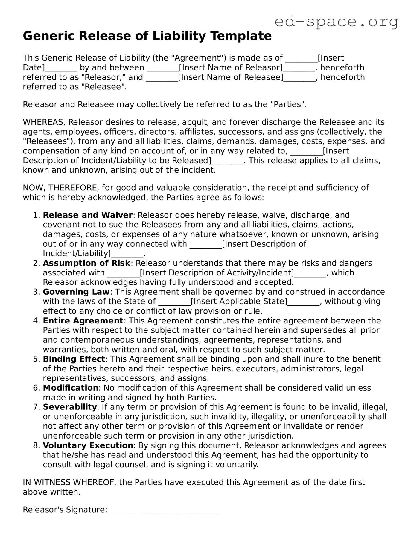 Fillable Release of Liability Template