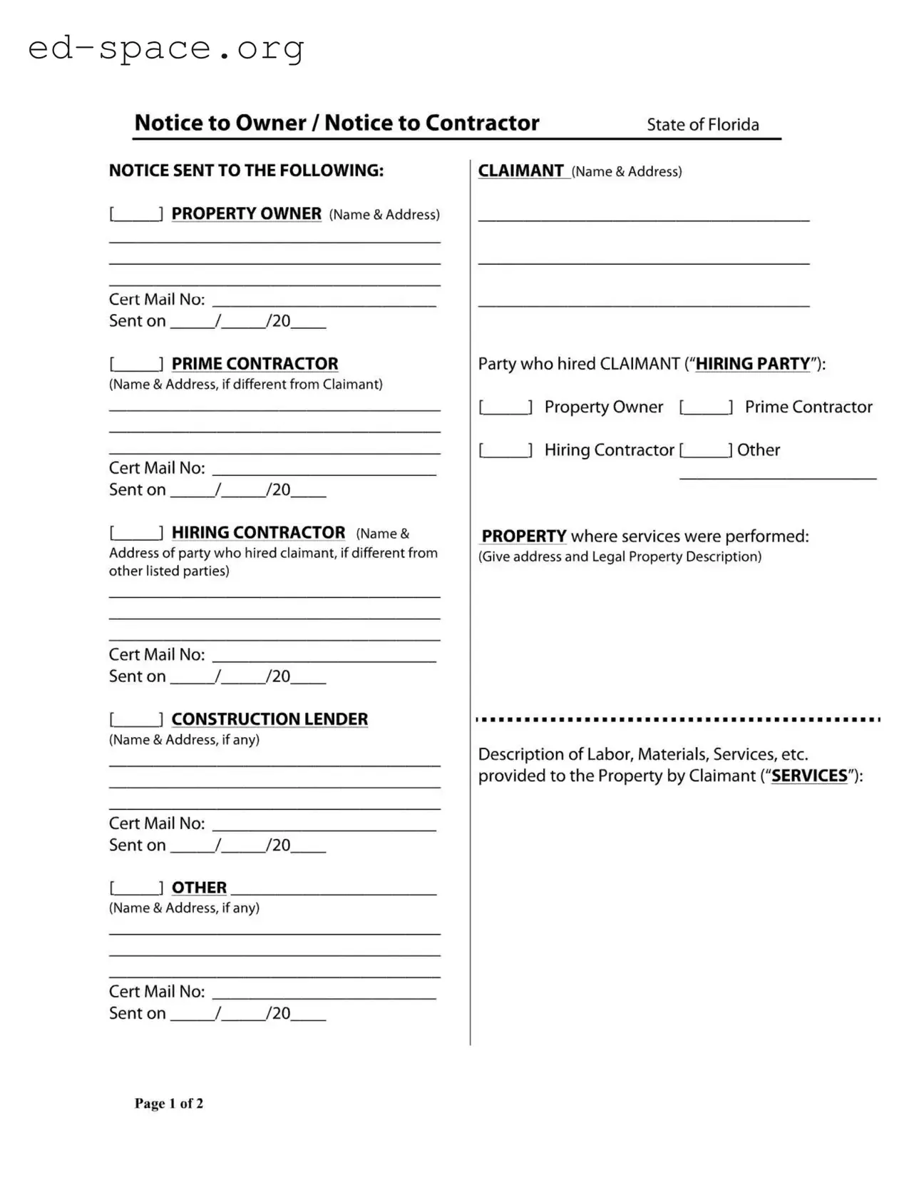 Blank Notice Owner Florida PDF Form