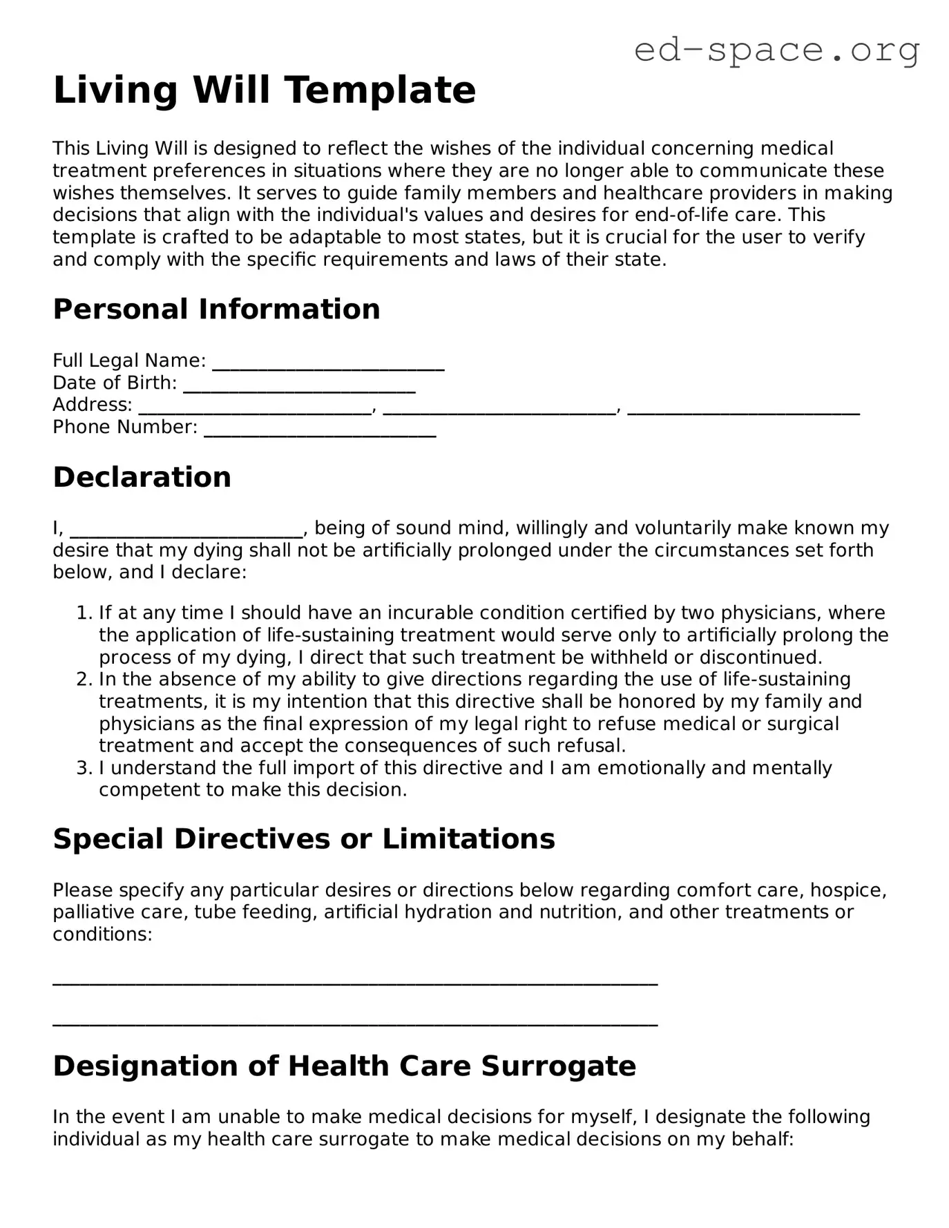 Fillable Living Will Template