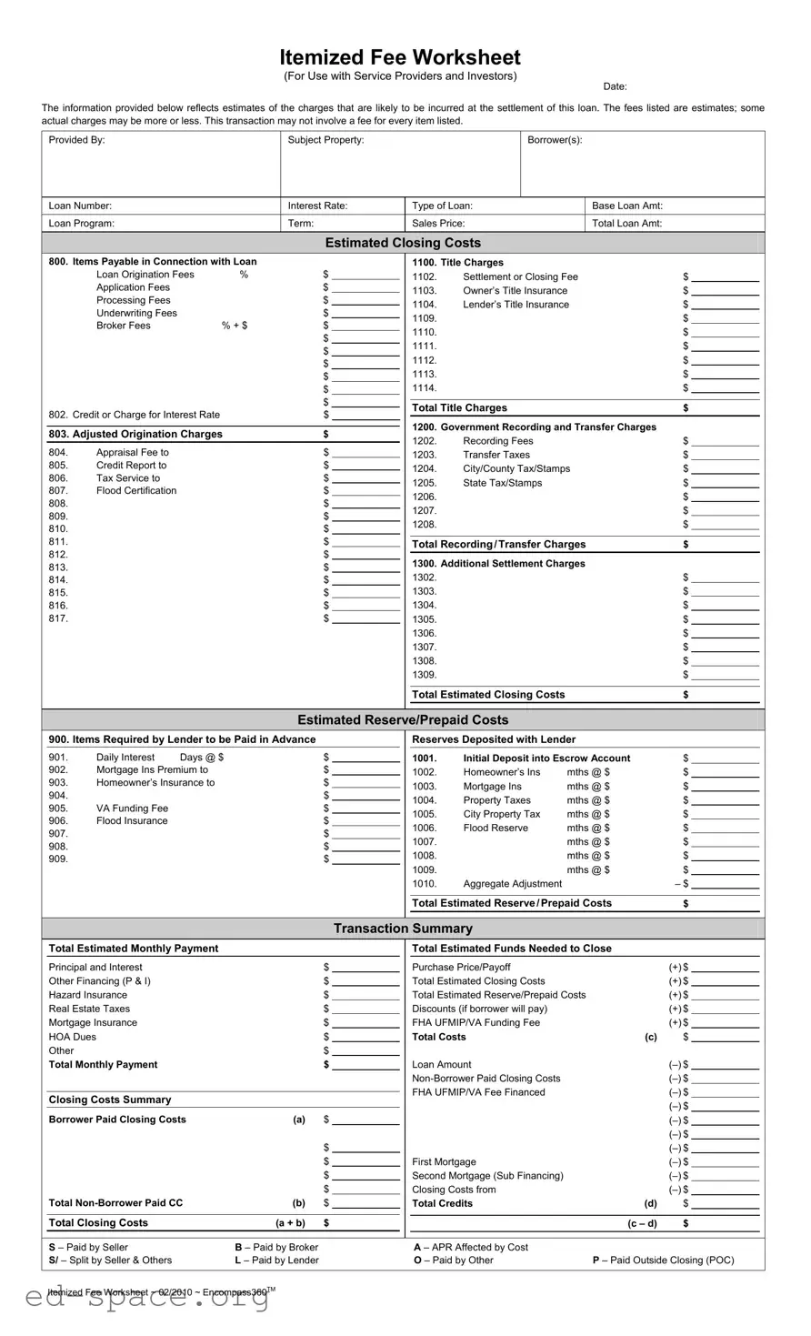 Blank Fee Worksheet PDF Form