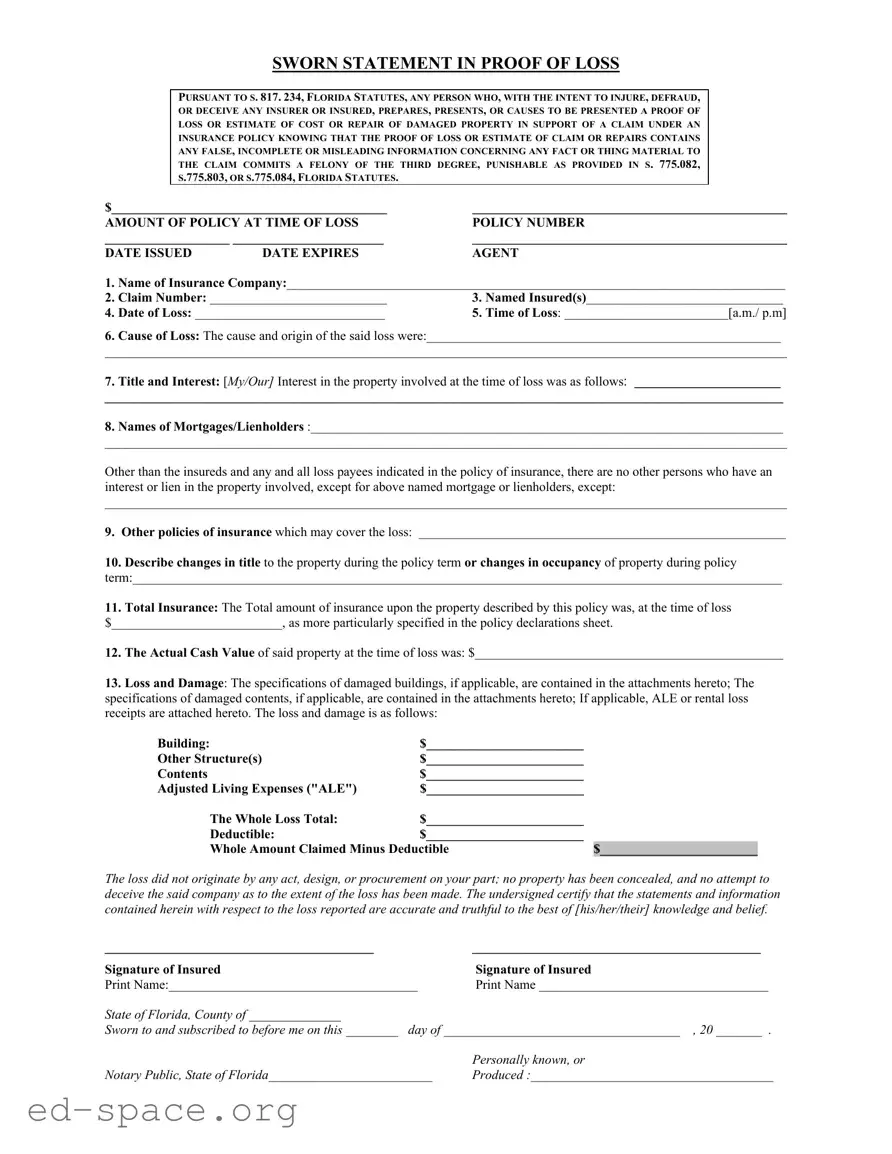 Blank Florida Proof Loss PDF Form