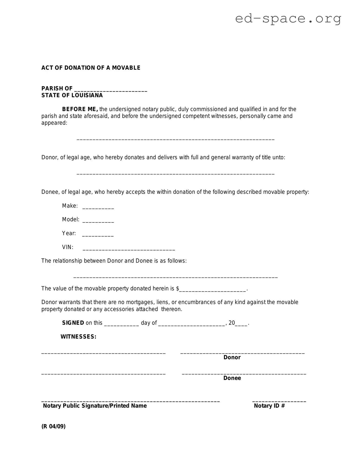 Blank Louisiana act of donation PDF Form