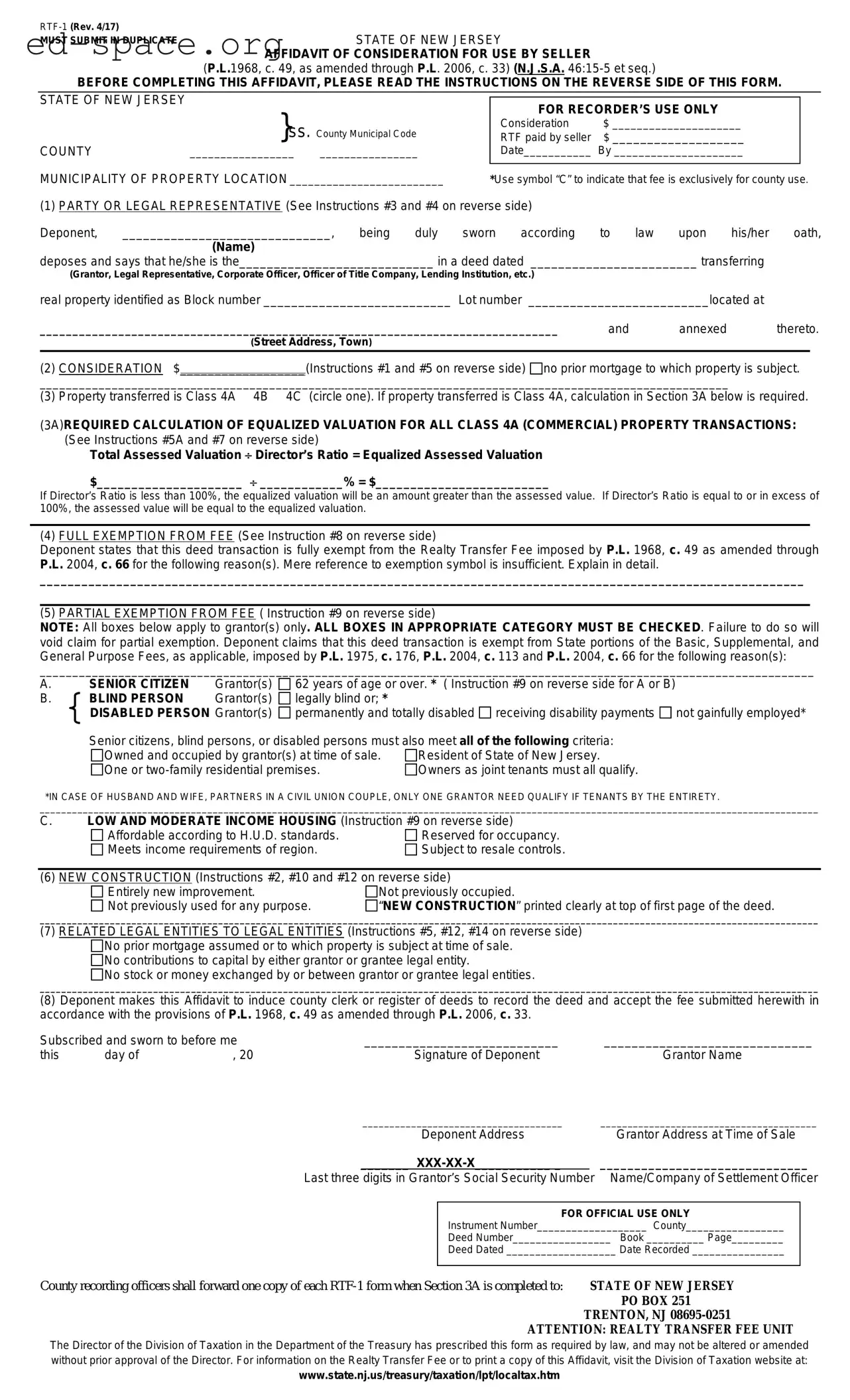 Blank New Jersey Affidavit of Consideration RTF-1 PDF Form