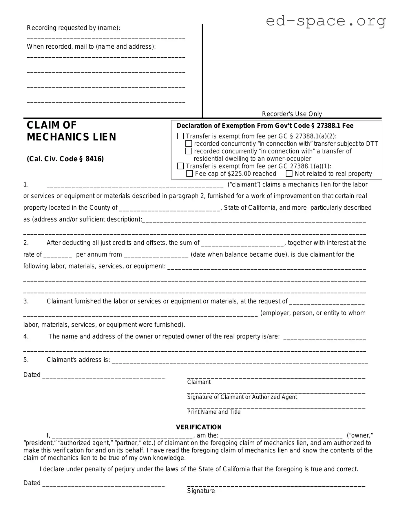 Blank Mechanics Lien California PDF Form