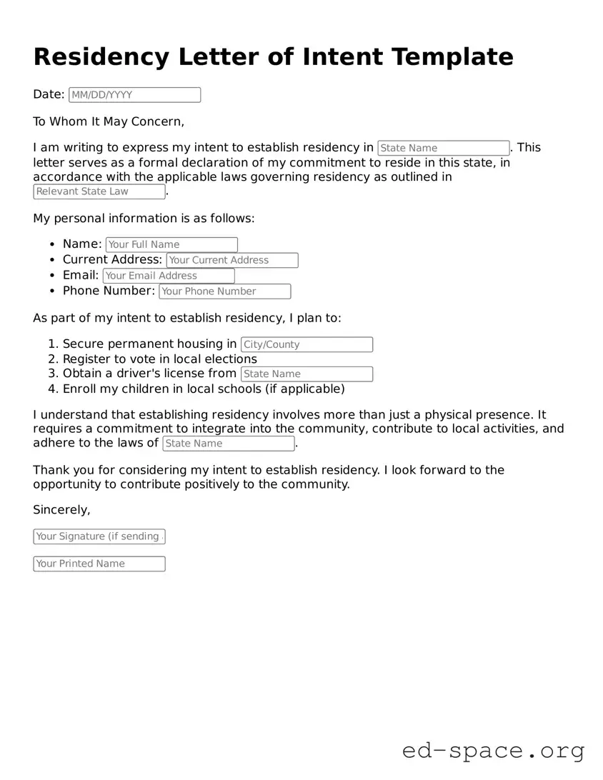 Fillable Residency Letter of Intent Template