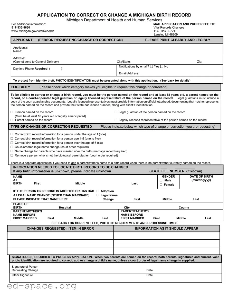 Blank Michigan Application Birth PDF Form