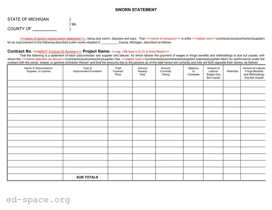 Blank Michigan Sworn Statement PDF Form