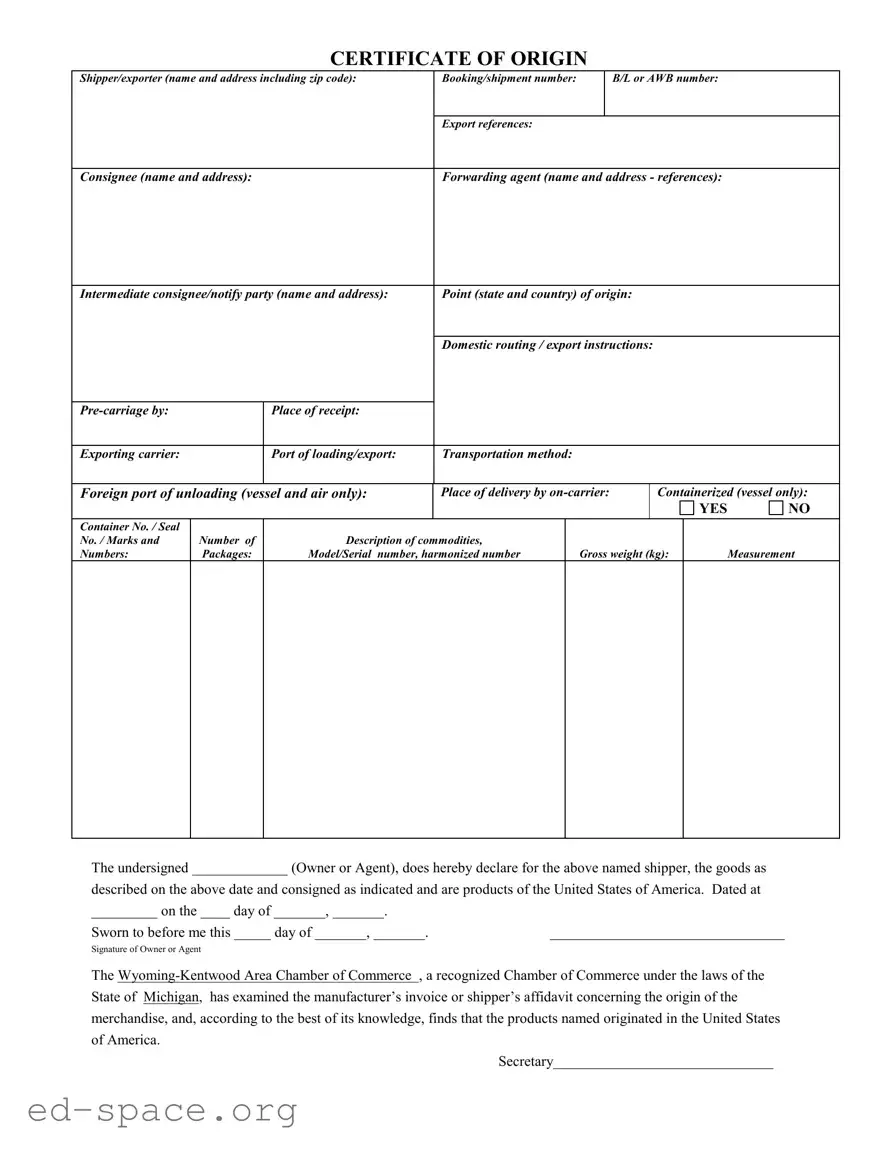 Blank Michigan Certificate Of Origin PDF Form