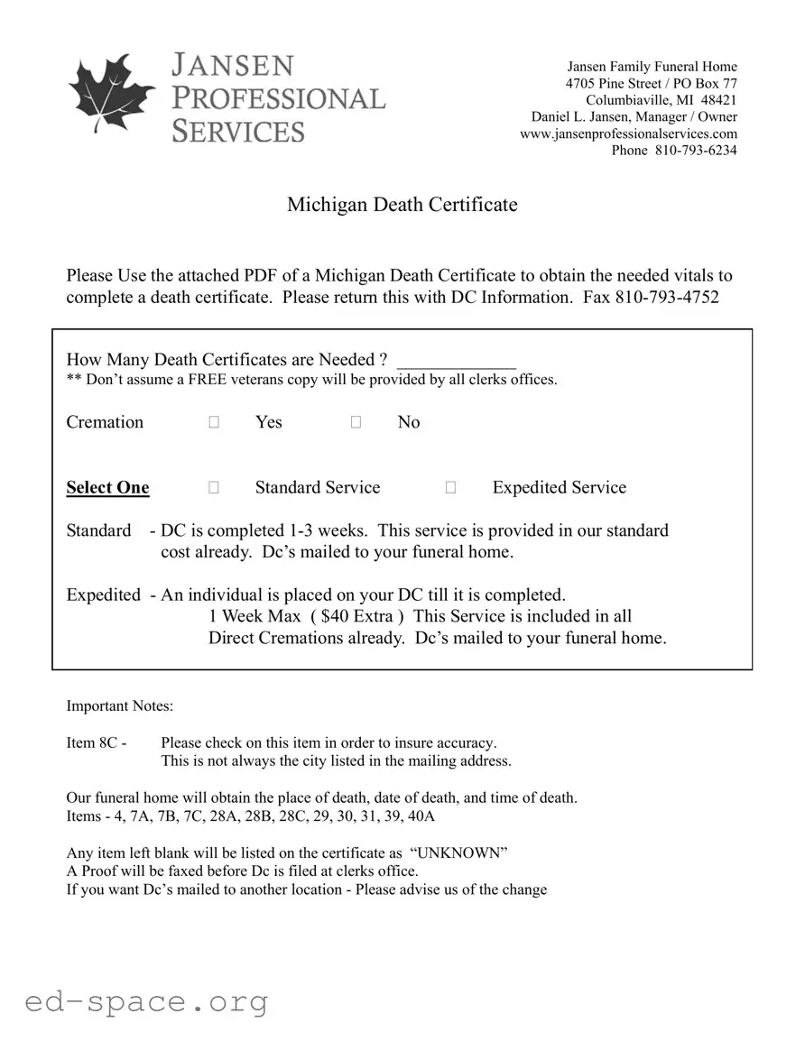Blank Michigan Death Certificate PDF Form
